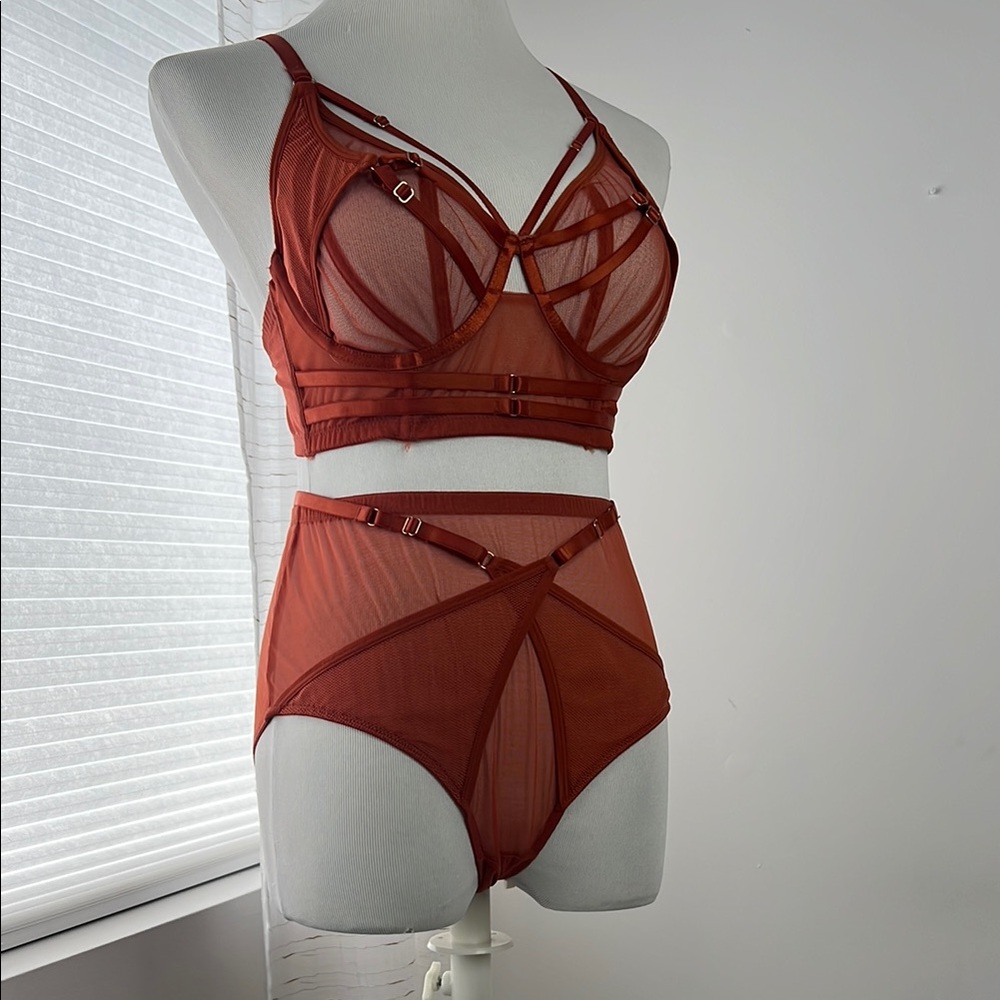 Vintage inspired Strappy Rust Lingerie bra panty Set 8 M L 36C playful promises
